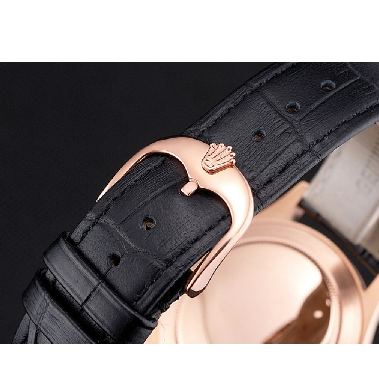 AAA replica watch Black Datejust Case Rose Black Swiss Leather Rolex Gold Dial Strap 0603